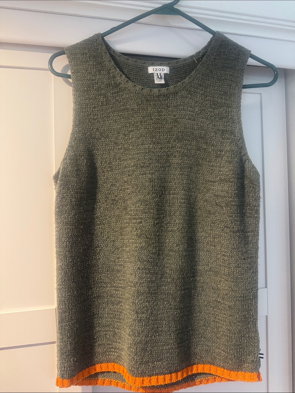 Vintage Izod  Knit Sleeveless Sweater with olive Orange Hem